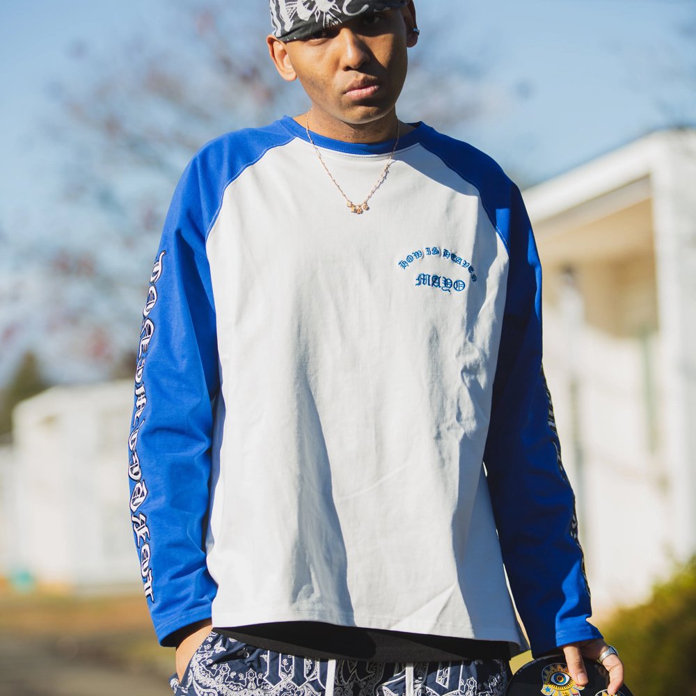 MAYO | FORGET ME NOT SKULL EMBROIDERY RAGLAN LONG SLEEVE TEE / WHITE X BLUE