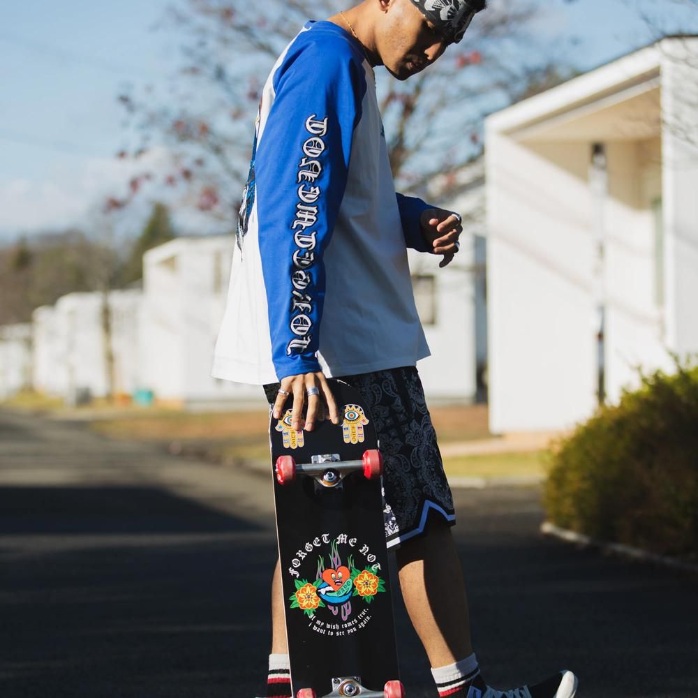 MAYO | FORGET ME NOT SKULL EMBROIDERY RAGLAN LONG SLEEVE TEE / WHITE X BLUE