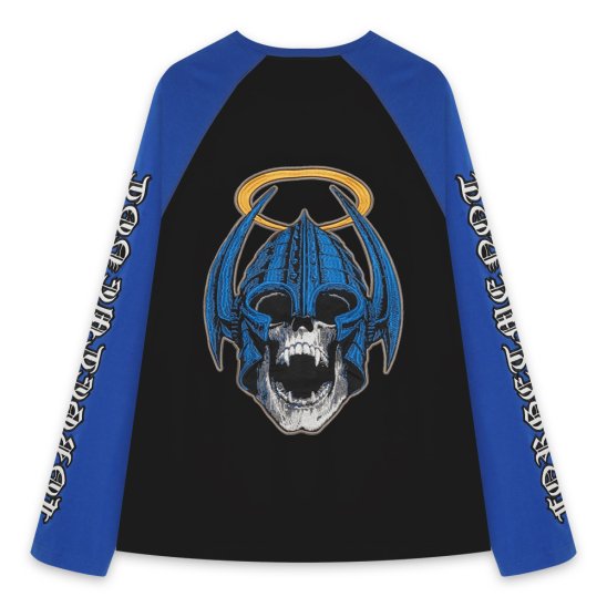 MAYO | FORGET ME NOT SKULL EMBROIDERY RAGLAN LONG SLEEVE TEE / BLACK X BLUE