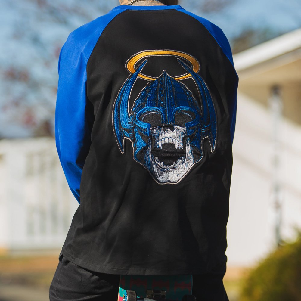 MAYO | FORGET ME NOT SKULL EMBROIDERY RAGLAN LONG SLEEVE TEE / BLACK X BLUE