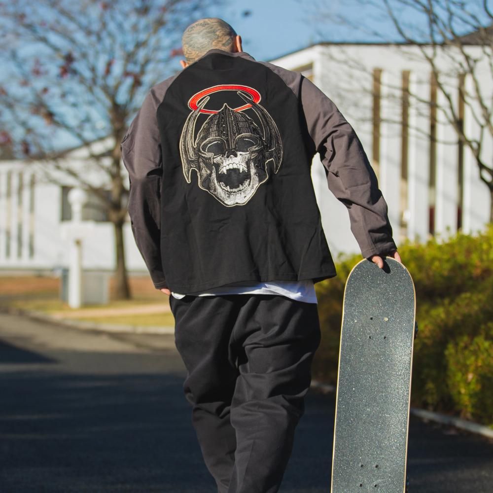 MAYO | FORGET ME NOT SKULL EMBROIDERY RAGLAN LONG SLEEVE TEE / BLACK X GRAY