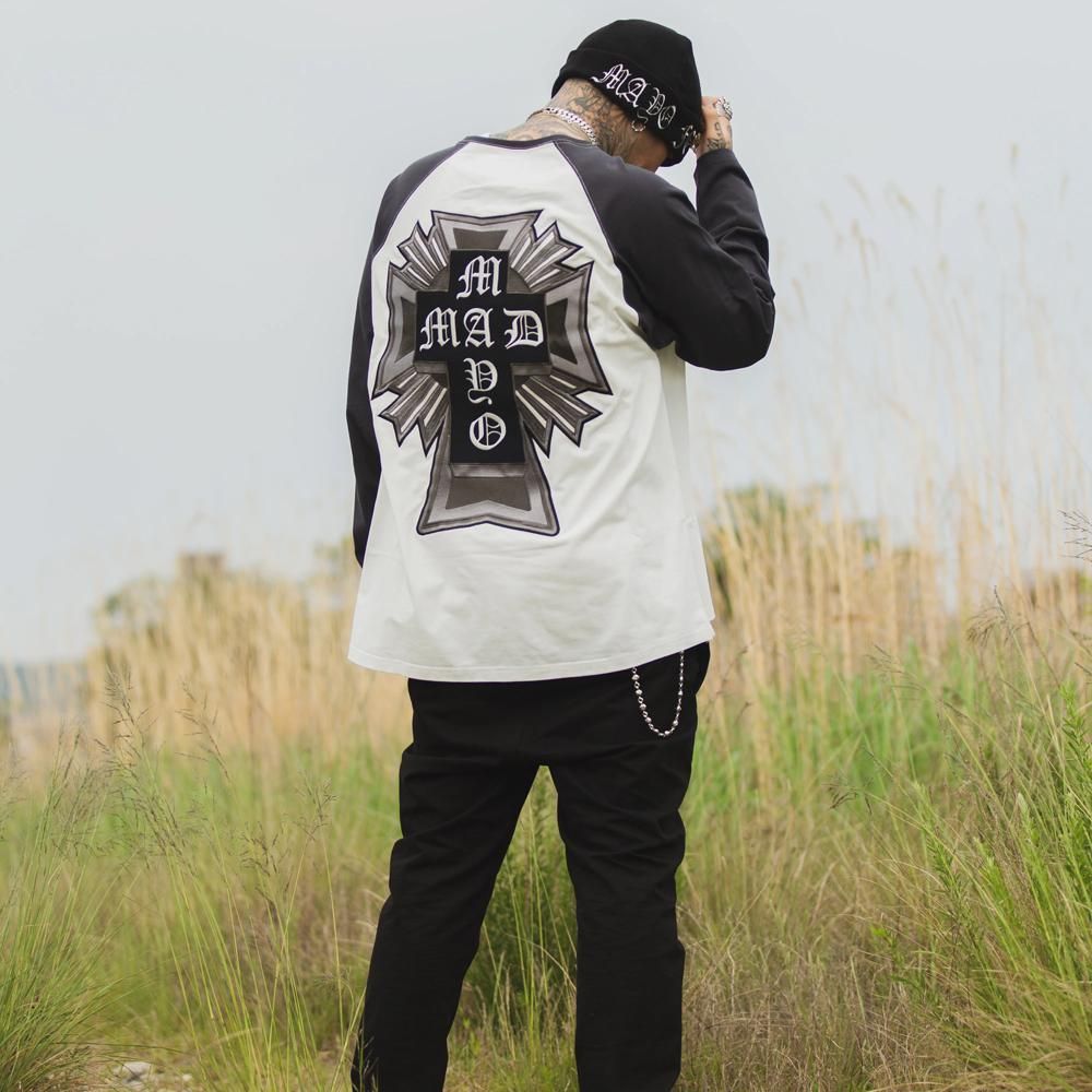 MAYO | CROSS EMBROIDERY RAGLAN LONG SLEEVE TEE / BLACK X WHITE