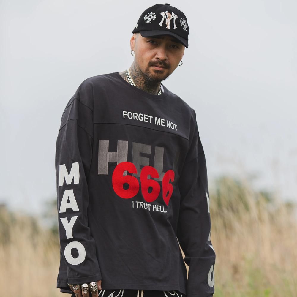 MAYO | HELL & HEAVEN EMBROIDERY FOOTBALL LONG SLEEVE TEE / BLACK