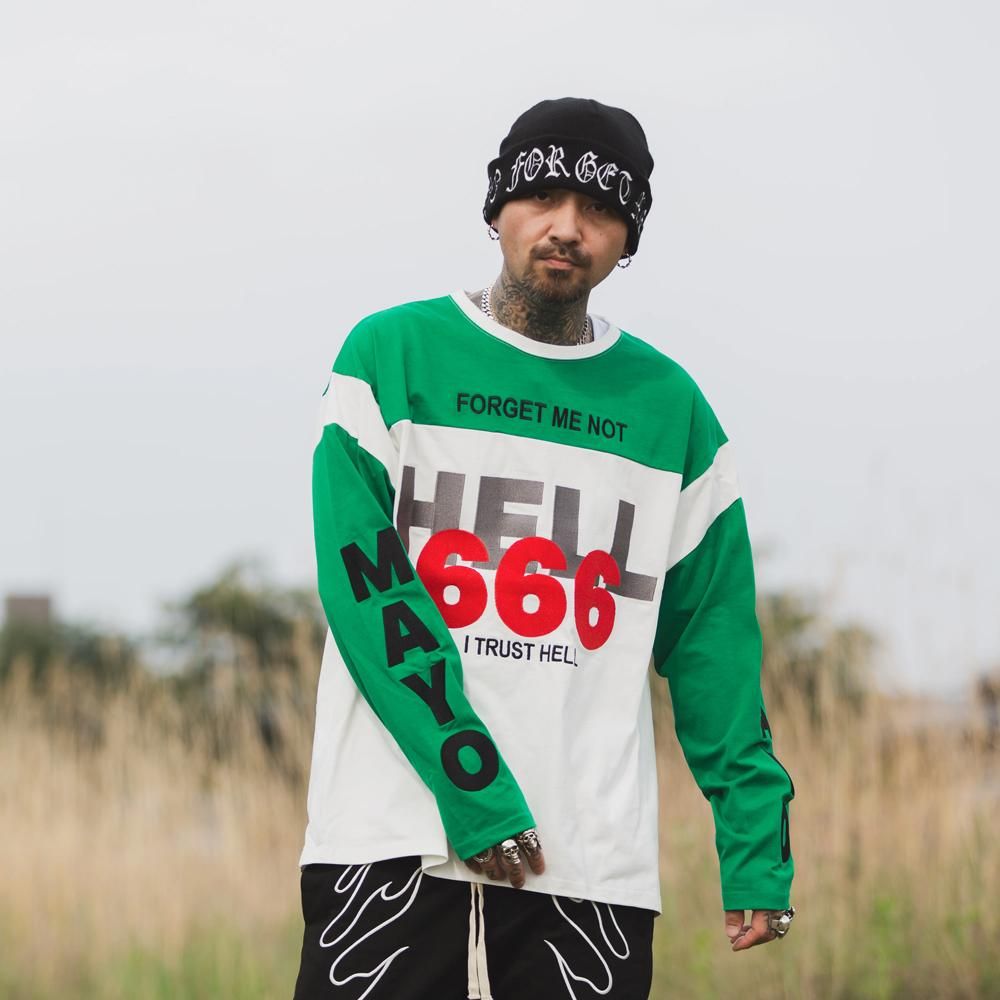 MAYO | HELL & HEAVEN EMBROIDERY FOOTBALL LONG SLEEVE TEE / GREEN