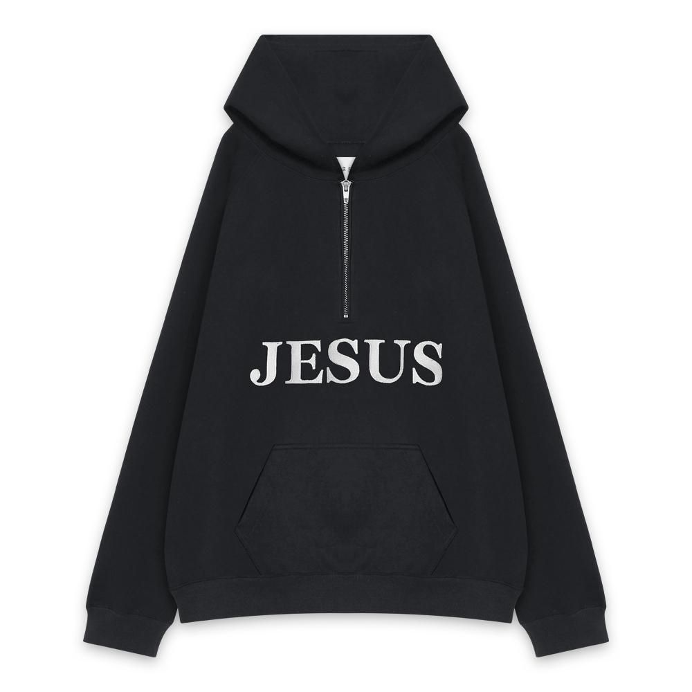 MAYO | JESUS EMBROIDERY HALF ZIP HOODIE / BLACK