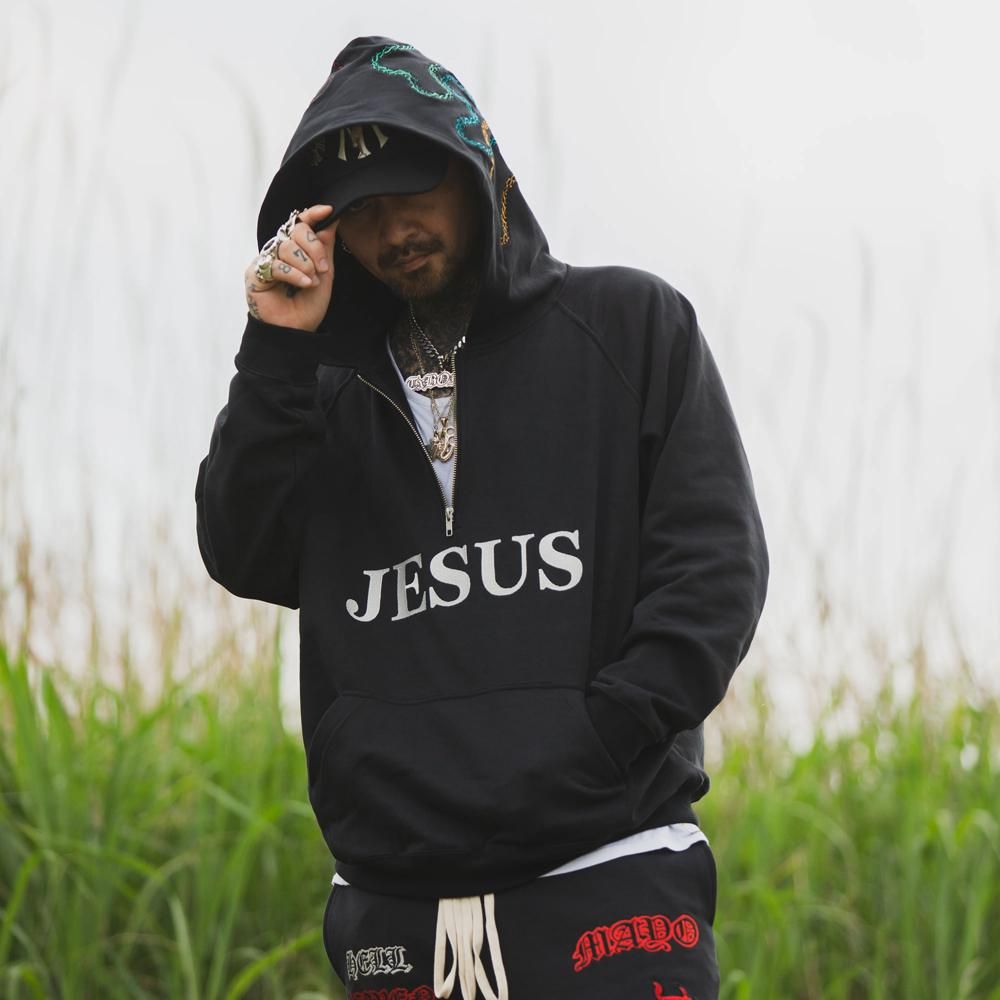 MAYO | JESUS EMBROIDERY HALF ZIP HOODIE / BLACK