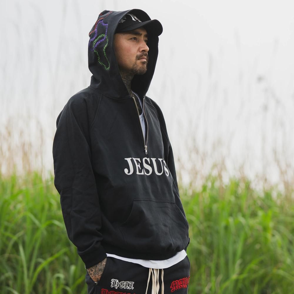 MAYO | JESUS EMBROIDERY HALF ZIP HOODIE / BLACK