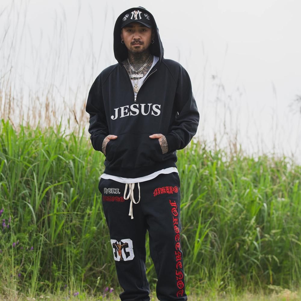 MAYO | JESUS EMBROIDERY HALF ZIP HOODIE / BLACK