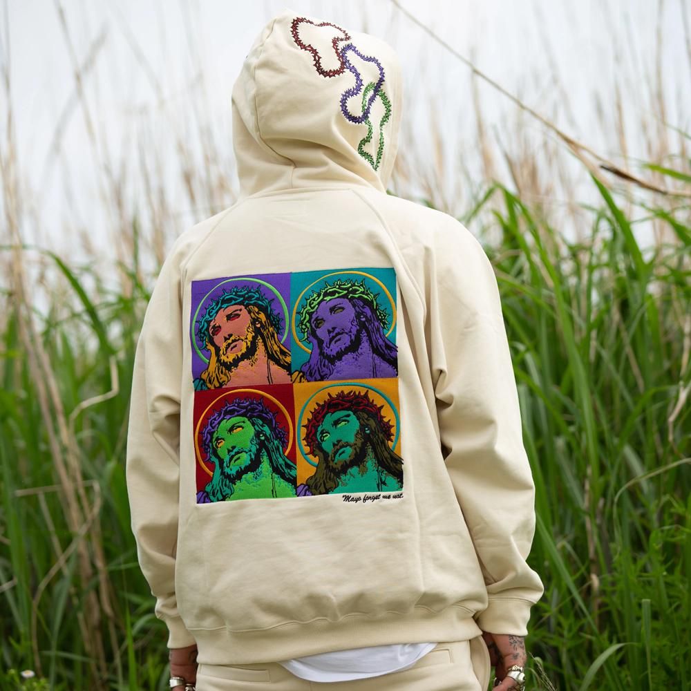 MAYO | JESUS EMBROIDERY HALF ZIP HOODIE / OFF WHITE