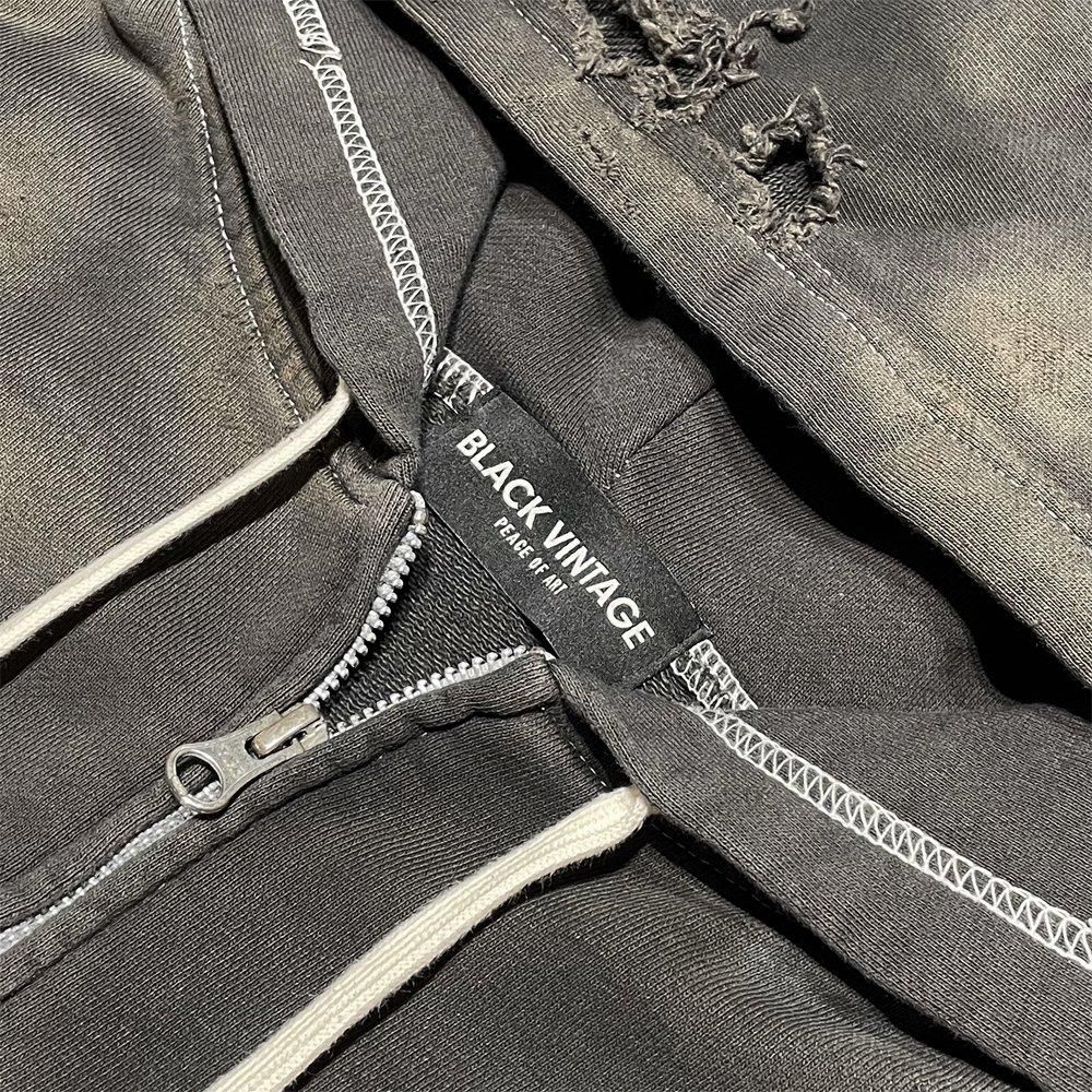 BLACK VINTAGE | ZIP HOODIE BURNER PROCESSING / CHARCOAL