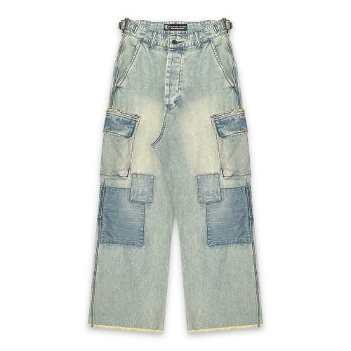 A GOOD BAD INFLUENCE | REPAIRED DENIM CARGO PANTS / INDIGO