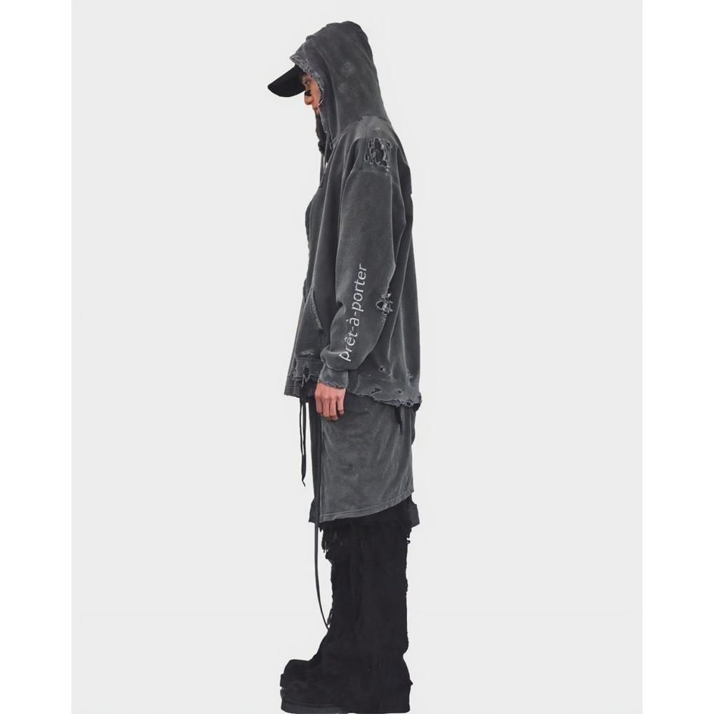 MINUS | BOOTLEG ZIP UP HOODIE WITH DAMAGED(SIN) / AGED BLACK