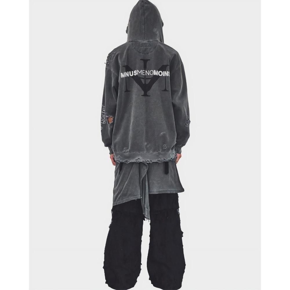 MINUS | BOOTLEG ZIP UP HOODIE WITH DAMAGED(SIN) / AGED BLACK