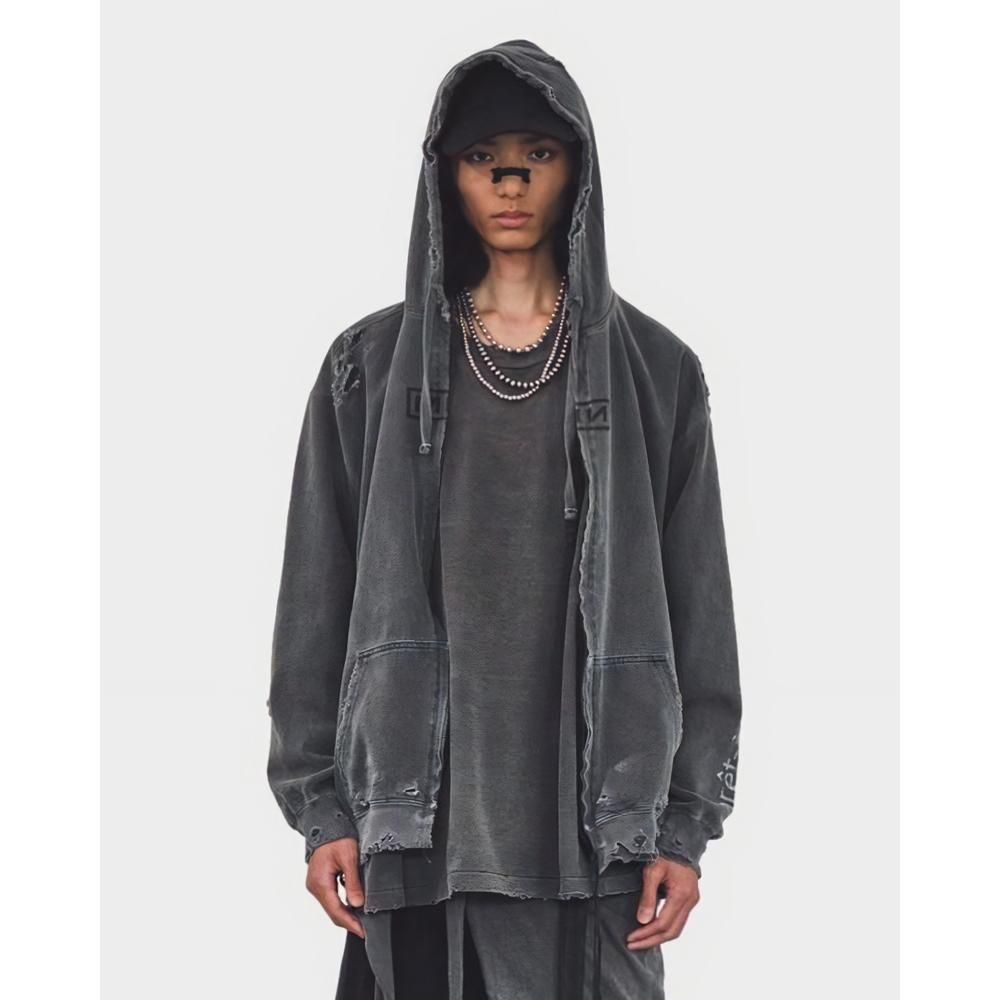 MINUS | BOOTLEG ZIP UP HOODIE WITH DAMAGED(SIN) / AGED BLACK