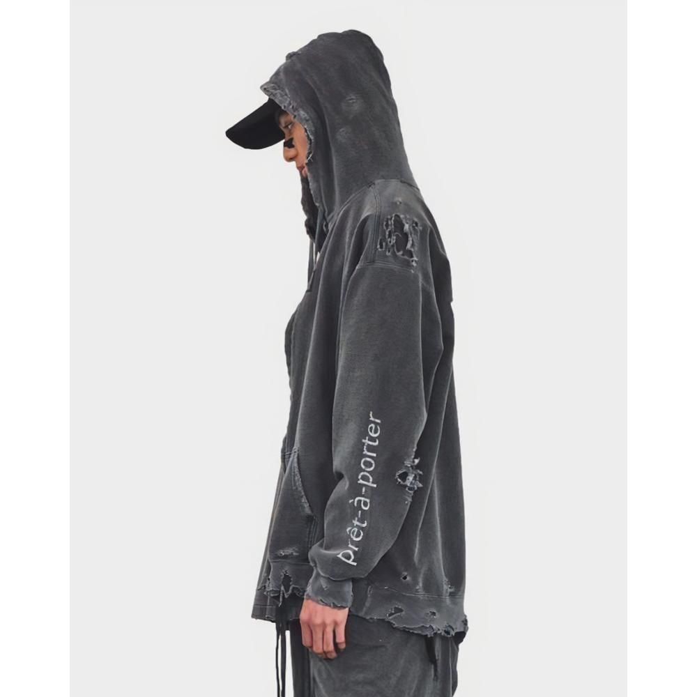 MINUS | BOOTLEG ZIP UP HOODIE WITH DAMAGED(SIN) / AGED BLACK