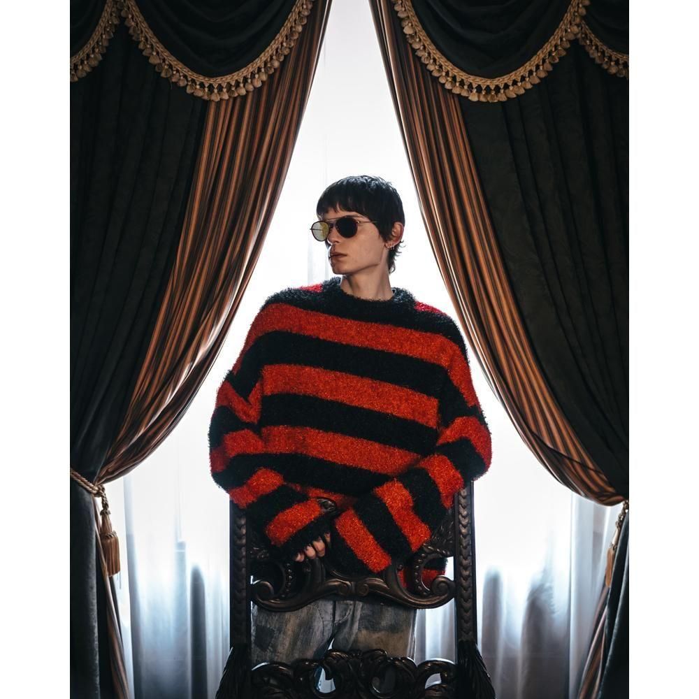SAINT MXXXXXX | CRW NECK KNIT GLITTER BORDER / BLACK+RED