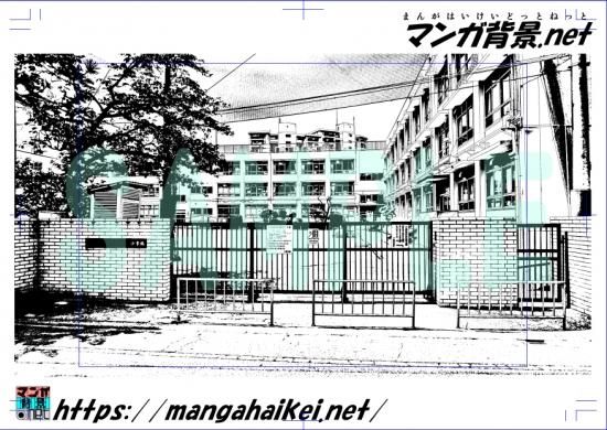 漫画背景 学校 小学校 A 校門 3 トーンなし