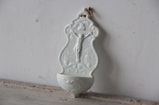 アンティーク 白い陶器製 聖水盤 フランスアンティーク 聖水盤