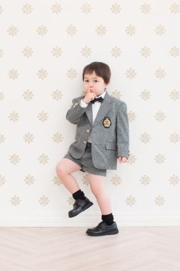 Bf092 ブラックグレーチェックジャケット ハーフパンツ チョウネクタイ ホワイトシャツ フォーマル子供服のレンタルショップ Cherrycot