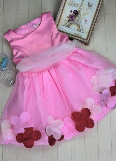 （DR027) ピンク　チュールバルーンスカート（フラワー入り）ドレス