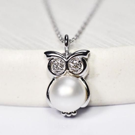 K10WG・アコヤ真珠&ダイヤモンド0.02ct フクロウネックレス - DIAN