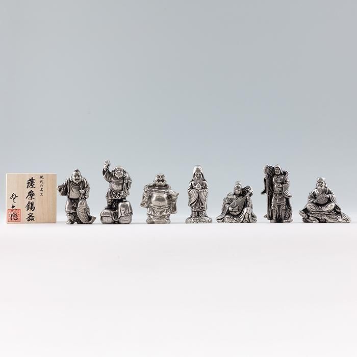 錫 置物 七福神 7体セット 黒漆加工 台付 [No.194-1-2-3-4-5-6-7