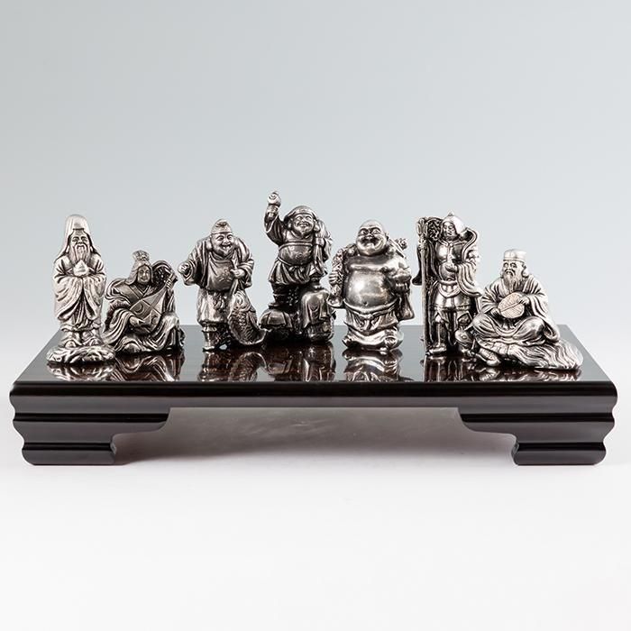 錫 置物 七福神 7体セット 黒漆加工 台付 [No.194-1-2-3-4-5-6-7