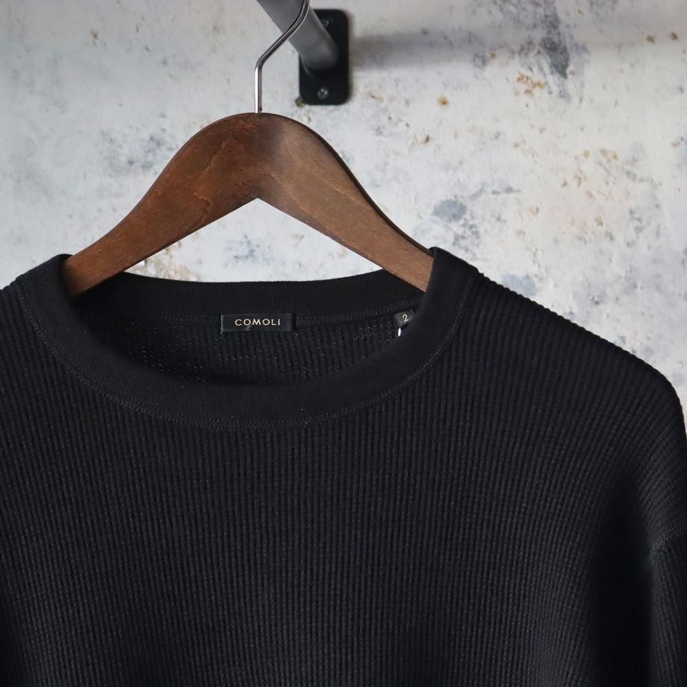 COMOLI コットンカシミヤ ワッフル長袖クルー(Black) - DIMPLE
