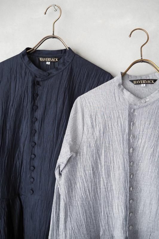 美品 ハバーサック 2,8万円 リネン混 スタンドカラーワンピース A469 美品 ハバーサック 2,8万円 リネン混 スタンドカラーワンピース