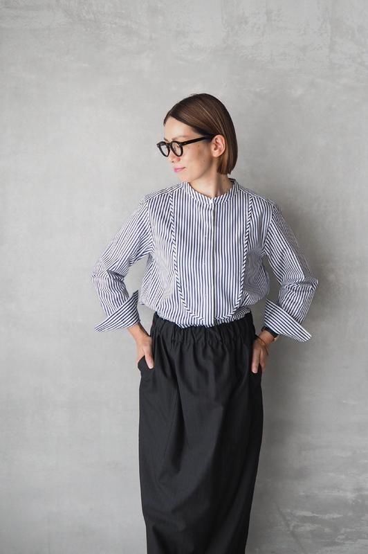 drawell | ドビーストライプ ビブヨークシャツ（ネイビー