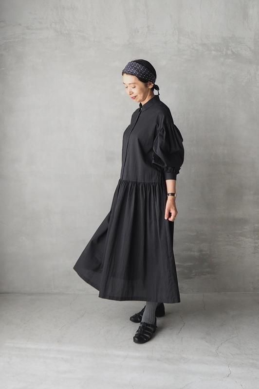 エブール ボタニカルコットンシルク バンドカラーシャツワンピース ギャザー ebure エブール ボタニカルコットンシルク バンドカラーシャツ