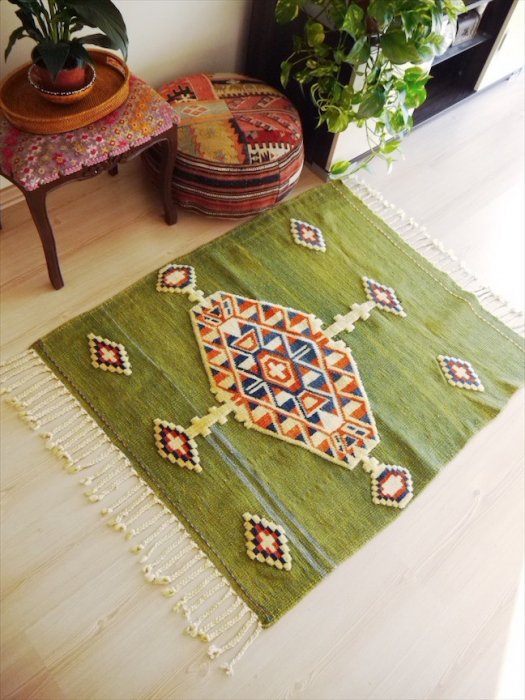 オールドキリム グリーン キリムと絨毯のミックス 約120×101 