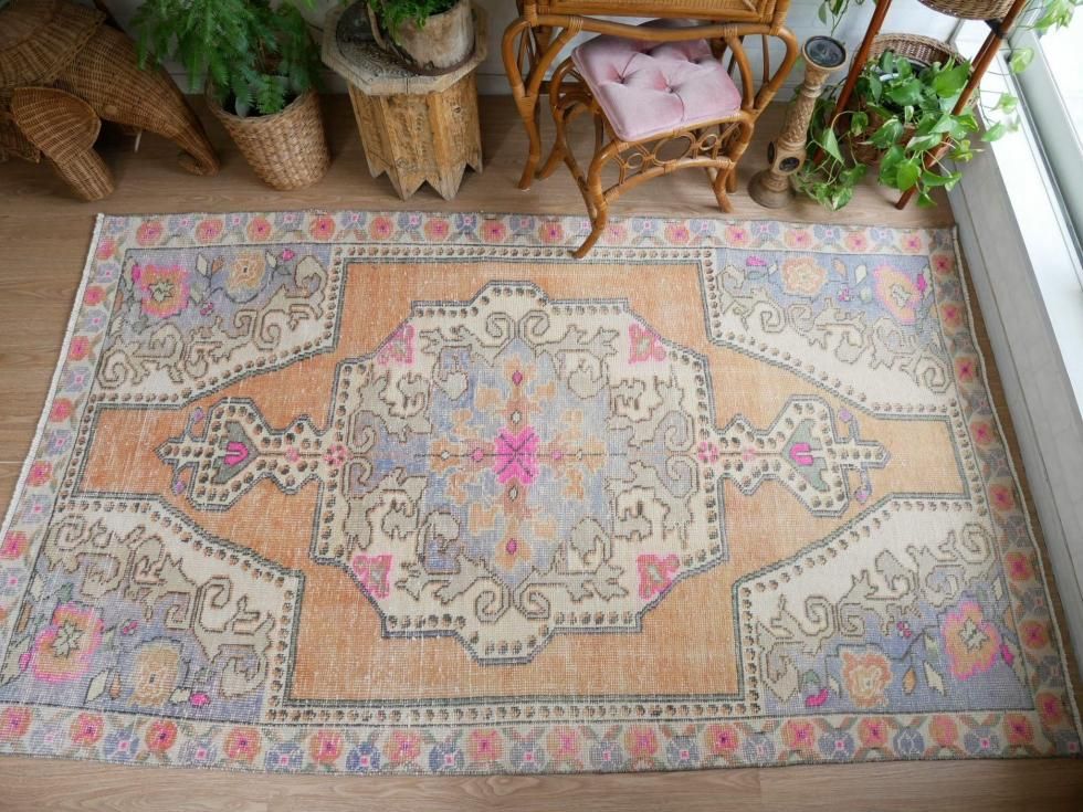 専用　アヴァノス くすみイエローベージュ　ブルーグレー　トルコヴィンテージラグ ヴィンテージターキッシュラグ オーバーダイラグ トルコラグ