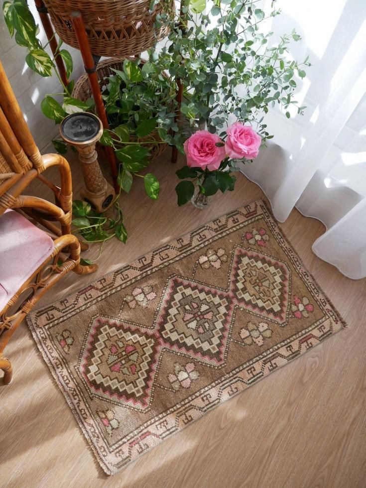 とても年代ヴィンテージ ウールラグトルコ絨毯ヤスティックラグ43cmx95cm トルコ コンヤ ウール100% ヴィンテージ ラグ 211-4 【公式通販】