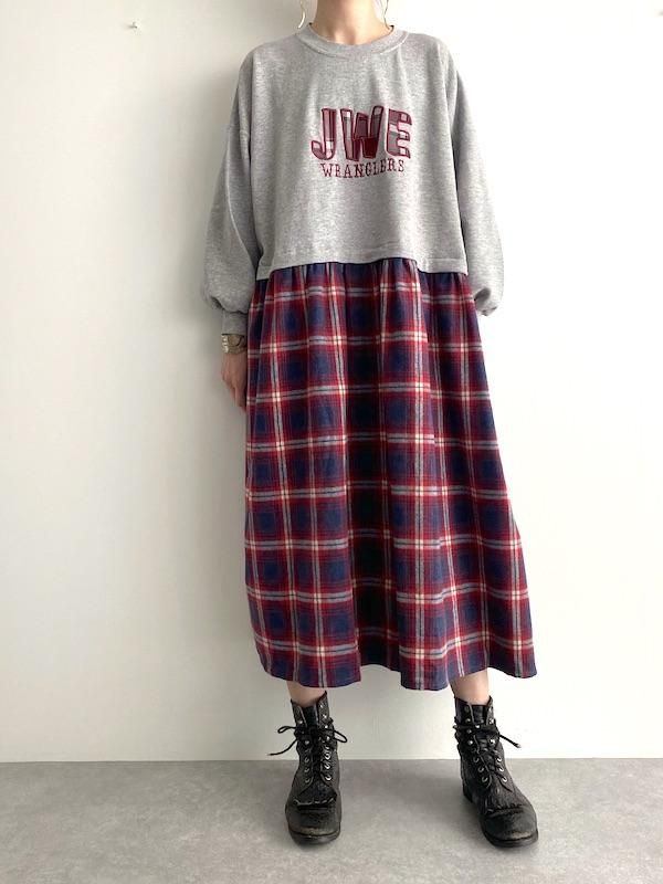 Remake Loose Dress リメイクロングスウェットワンピース Gr Check Kici Remake Loose Dress リメイクロングスウェットワンピース Gr Check Kici