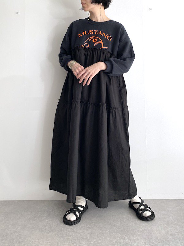Remake tiered long sweat dress  / リメイクティアードスウェットロングワンピース(BK/Neon-orange)