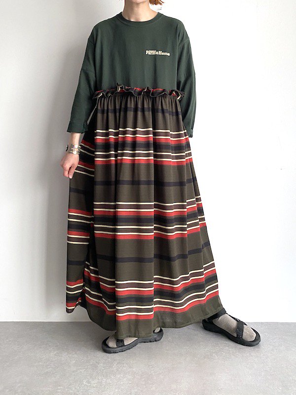 Remake  loose border dress  / ᥤ롼ܡԡ (D.grn/khaki)