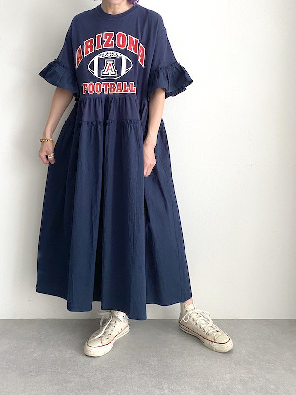 Remake  tiered dress  / リメイクフリル袖ティアードワンピース(Navy)