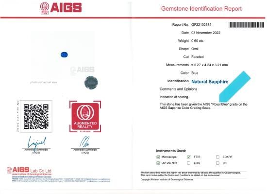 スリランカ産ロイヤルブルーサファイア 0.60ct AIGS鑑別付