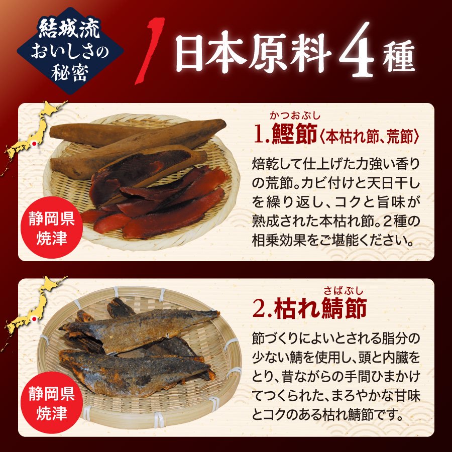 日本原料4種「3.利尻昆布」「4.香信椎茸」「茶樹茸（ちゃじゅたけ）」「玉葱（たまねぎ）」