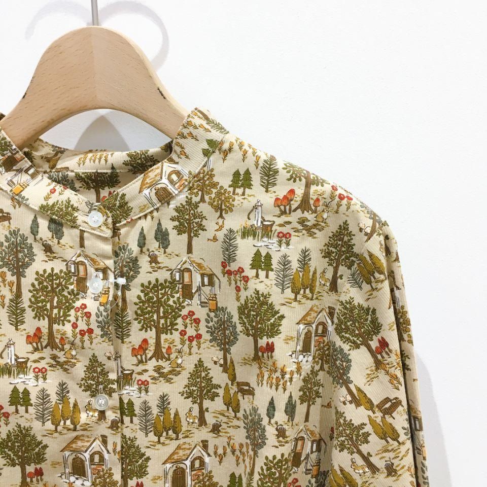 Parkes - 細コーデュロイ 森と動物柄のスタンドカラーシャツ - Sheth