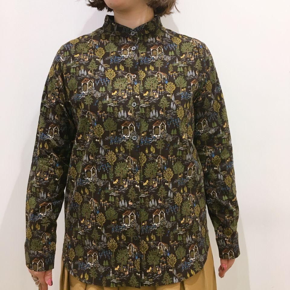 Parkes - 細コーデュロイ 森と動物柄のスタンドカラーシャツ - Sheth