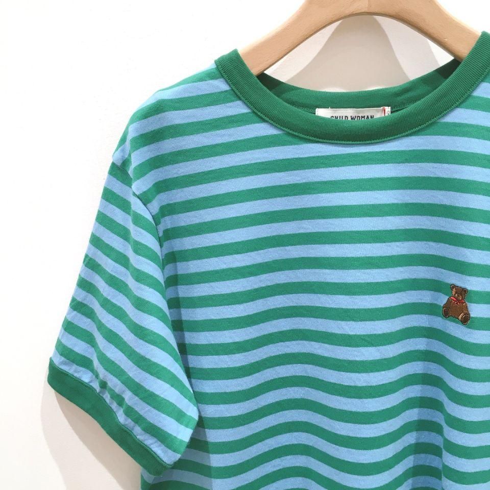 CHILD WOMAN - 40/2ボーダーシルケットくま刺繍Tシャツ