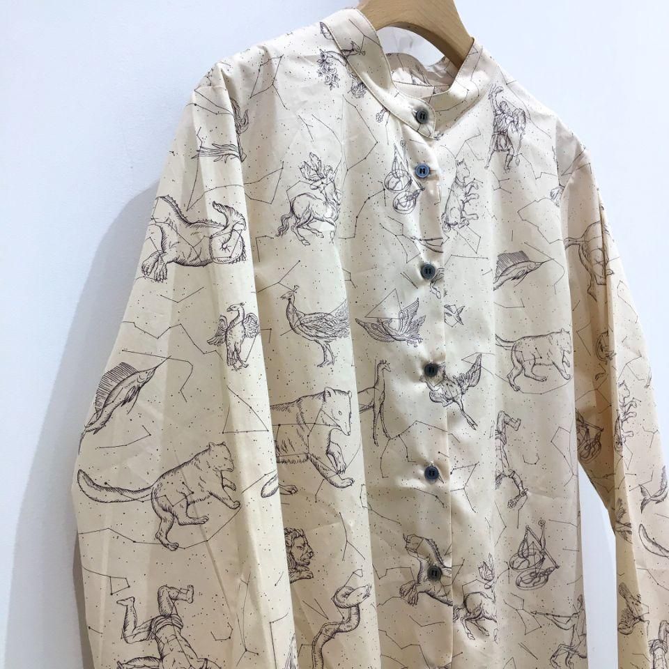 未使用品 パークス Parkes タグ付き ブロード スタンドカラー 星座柄 シャツ ブラウス 長袖 コットン 紺 ネイビー M レディース パークス タグ付き スタンドカラー 星座柄 シャツ ブラウス 長袖