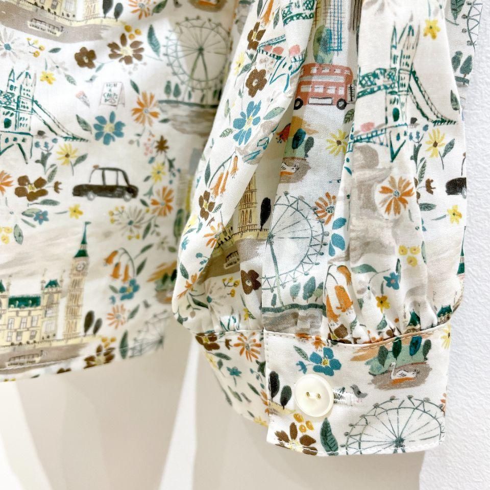 パークス×リバティ　長袖シャツ　スタンドカラー　ケイティアンドミリー　グリーン パークス×リバティ 長袖シャツ スタンドカラー ケイティアンド