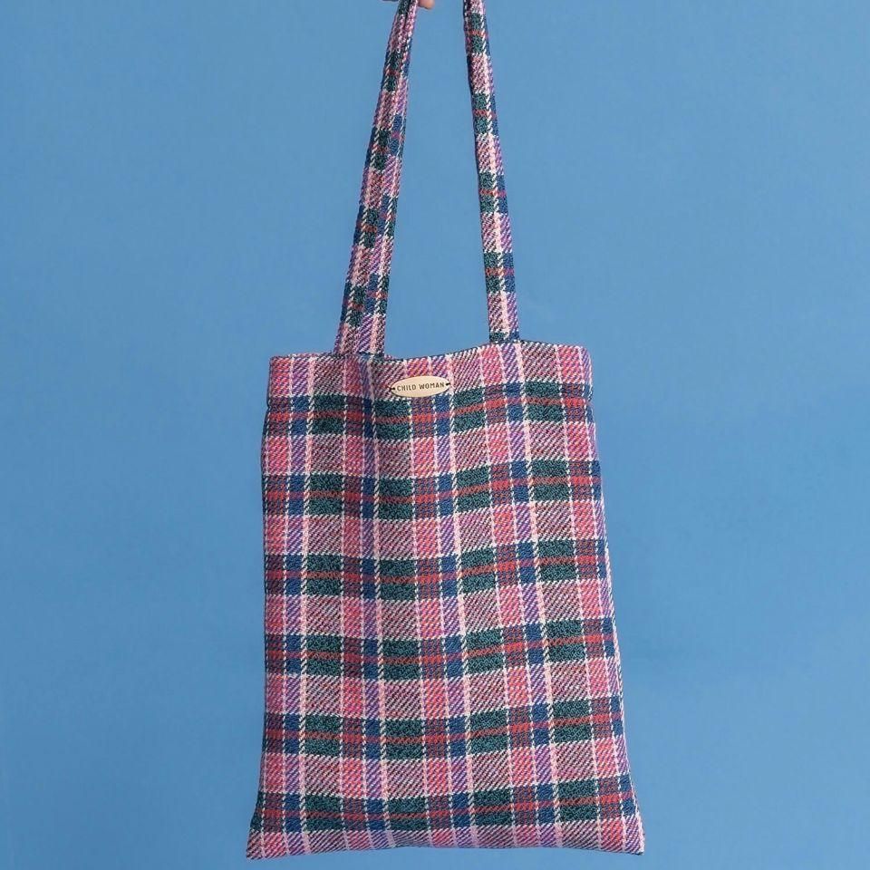 CHILD WOMAN - コットン/リネン ツイードチェック プレート付きトート