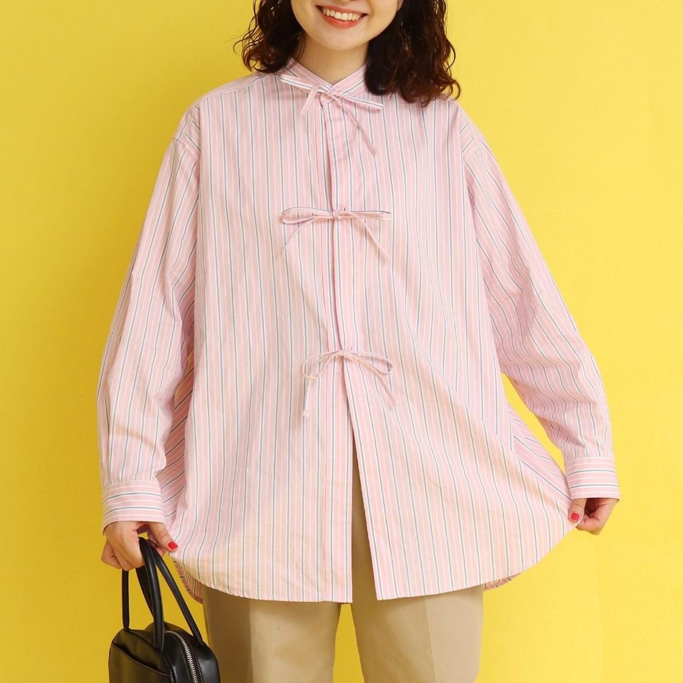 CHILD WOMAN - 80/2オックスマルチストライプロングリボンシャツ 