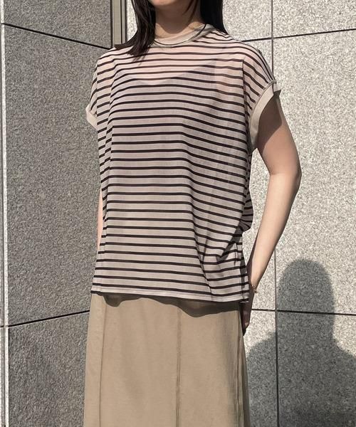 tシャツ ショルダーニットボーダーシアープルオーバー レディース BONLECILL tシャツ 半袖シアーマルチボーダープルオーバー