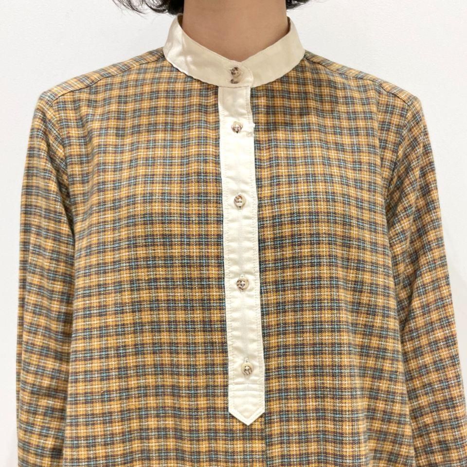 【送料無料/即納】  Parkes - レトロミニチェック クレリックシャツワンピース ワンピース