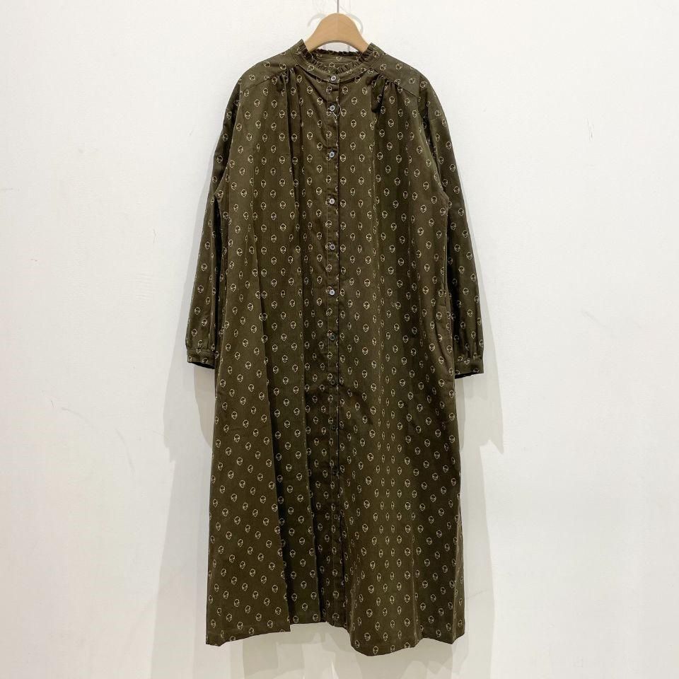 Parkes - 細コーデュロイ 花小紋柄のシャツワンピース Parkes - 細コーデュロイ 花小紋柄のシャツワンピース
